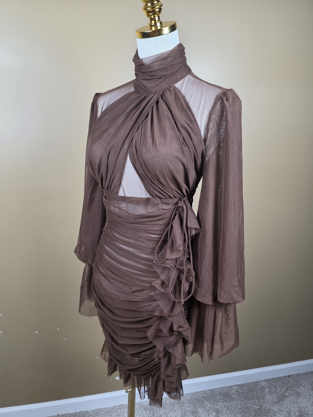 Brown Ruching & Ruffle High-Neck Mini Dress - Picture 4 of 6